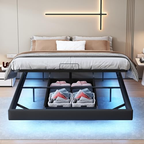 Bett ohne kopfteil, Boxspringbett 160x200 Palettenbett, Jugendbett Doppelbett mit LED-Beleuchtung, Schwebebett Polsterbett mit Stauraum, Futonbett Bettgestell mit Lattenrost, PU,Schwarz, Ohne Matratze