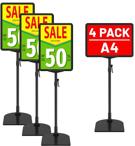 VAIIGO Lot de 4 Porte Affiche A4 sur Pied Réglable - pour Comptoir et Sol - Présentoir Métallique - Supports de Signalisation pour Menu, Publicité, Signalisation, Magasin et Bureau