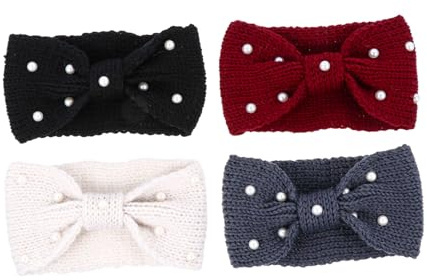 Bandeau Tricoté à Nœud en Laine avec Perles, Lot de 4 Femmes | Style Élégant, Maintien Chaud et Doux, Forme Noeud, Accessoire Cheveux pour Filles et Femmes