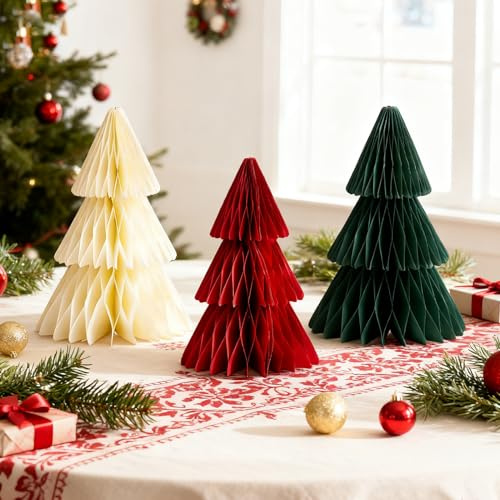 3 Stück Weihnachtsdeko Grün Papier Weihnachtsbaum Tischdeko Weihnachten Papierbäume Rot Für Weihnachtsdeko Tisch Winter Deko Papier Waben Weiß Papierbäume Für Weihnachten Dekoration Innen, 20cm (B)