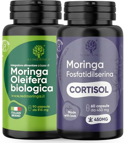 LOW CORTISOL – Fosfatidilserina 450 mg + Moringa Oleifera BIO | Para bajar el cortisol | Suplemento para memoria y concentración | 150 Cápsulas Vegetales Made in Italy | RedMoringa