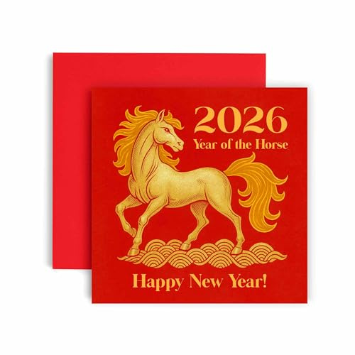 Huxters 2026 Lunar New Year Greeting Card, Year of the Horse Design, Red and Gold Premium Card with Envelope, Traditional Chinese Festival Celebration (Horse 1)