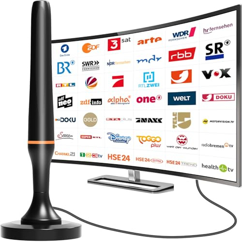 DVBT2 Antenne, DVB-T2 Zimmerantenne für Fernseher, dvbt antenne Geeignet für lokale Sender, 360°-Allroundempfang, unterstützt 4K/1080P HD Digitale Kanäle, Mit Magnetfußl, 2,5 m langes Kabel