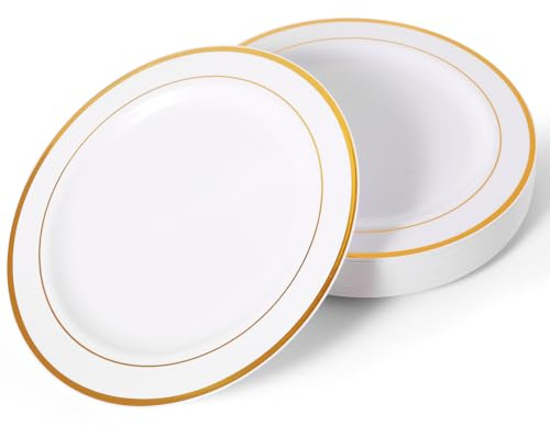 LQOZYYUL 30 Pack 10 inch Plastic Plates, 26cm Reusable Plastic Dinner Plates with Golden Rim, Unbreakable Plastic Plates – Reusable for Many Occasions – White & Gold