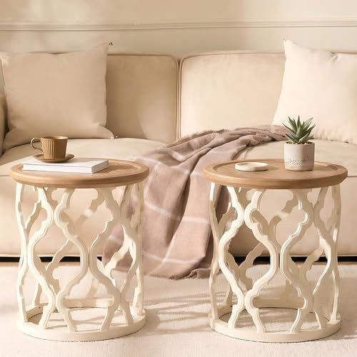 Cagnolier Beistelltisch Rund 2er Set mit Durchbrochenen Tischbeinen,45x55cm | Weiß Tischbeine, Landhaus, Modern, erhöhte Tischkante, Beistelltisch Holz, geeignet für Wohnzimmer, Schlafzimmer und Ecken