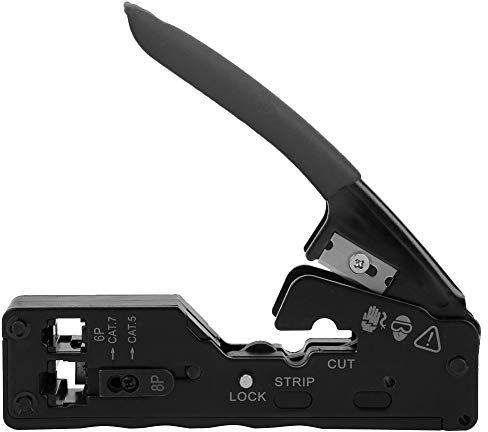 Crimpadora, pelacables y cortadora de cables de red, herramienta multifuncional para crimpar cables CAT-5, CAT-6, CAT-7, crimpadora de conectores de cristal 8P y 6P con mango mate (Negra)