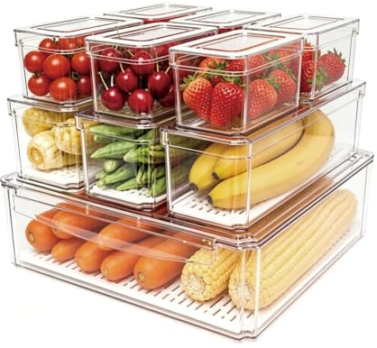 Guiwuiyu 10er Pack Kühlschrank Organizer mit Deckel, Kühlschrank Organizer Stapelbar, BPA-frei, Durchsichtige Kühlschrank Aufbewahrungsboxen für Obst, Gemüse, Lebensmittel