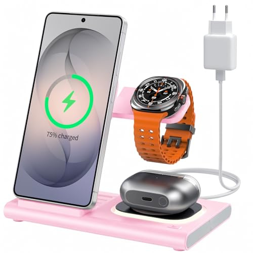 3 en 1 Station de Charge pour Samsung, [Pliable & Veilleuse] | Chargeur Sans Fil pour Samsung S26/Galaxy Watch Ultra/8/Galaxy Buds4,Chargeur de Voyage,Non Compatible avec Watch 9/Ultra2