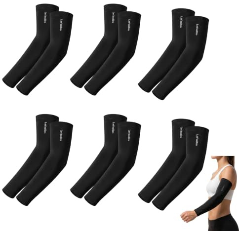 Lote de 6 Mangas de Brazo con Agujero para Pulgar – Manguitos Protección Solar UV Hombre Mujer – Deportes Gaming Running Ciclismo – Tejido Refrescante Transpirable – Negro