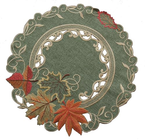 Quinnyshop Herbst Blätter Tischläufer Tischdecke Mitteldecke Deckchen Ahorn Grün Gelb Orange (ca. 40 cm Rund)