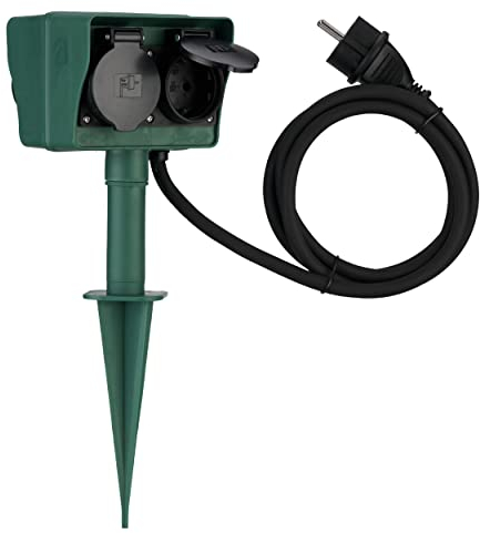 REV Gartensteckdose mit Erdspieß - 4-fach Außensteckdose, IP44 Spritzwasserschutz, 1,4m Gummikabel, inkl. Bodenplatte für flexible Montage, grün