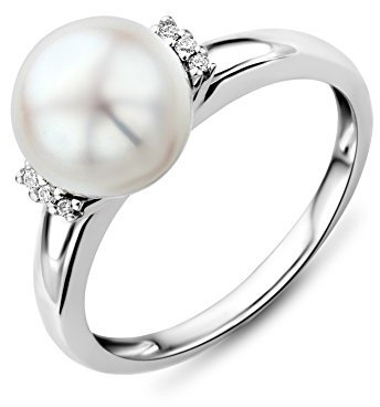 Miore Anello Donna Perla di fiume con Diamanti taglio Brillante Oro Bianco 9 Kt / 375