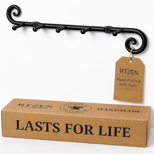 RTZEN Farmhouse Small Key Holder for Wall - Handcrafted Swirl Decorative 5 Key Hooks for Home Entryway - Wrought Iron Wall Mount Rack Purse Coat and Leash Holder or Organizer (Classic Black)