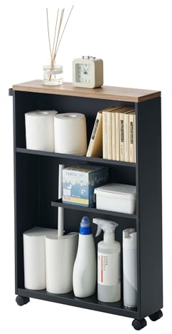 YAMAZAKI Tower Halbgeschlossener Aufbewahrungswagen, schwarz | Stahl / Holz, Diskret verstauen, Toilettenpapier & Toilettenbürste griffbereit, 47,5 x 13 x 68 cm, Japanisches Design