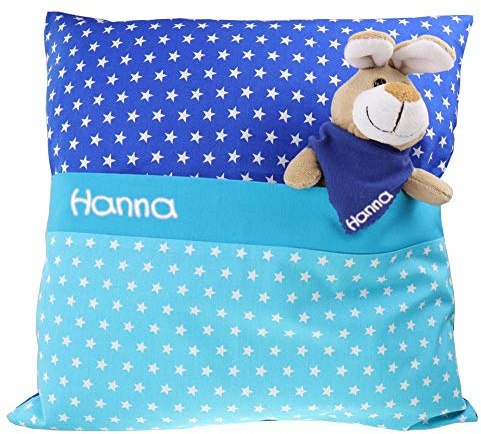 Ostergeschenk mit Hasen personalisiert Das etwas andere Osternest - Geschenk zu Ostern mit Namen Set aus Kuscheltier Hase und Kissen blau Sterne - Geschenk für Jungen