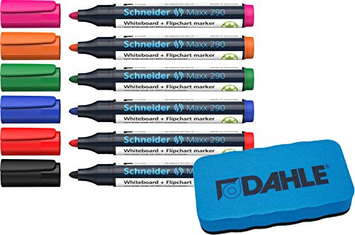 Schneider Maxx 290 Marker (für Whiteboards und Flipcharts, Rundspitze 2-3 mm Strichstärke, rückstandsfrei trocken abwischbar) Box mit 6 Farben + Whiteboardlöscher