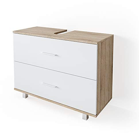 Vicco Meuble sous Vasque Simple Ilias, Blanc/Sonoma, 80x60.8cm | avec découpe pour siphon et ouvertures d’aération latérales