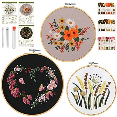 profiwoab 3 Sets Stickset für Anfänger Handstickerei-Kits für Erwachsene mit Reifen, DIY Kunstprojekt Bastelset Blumenmuster Pflanzen Kreuzstich-Kit