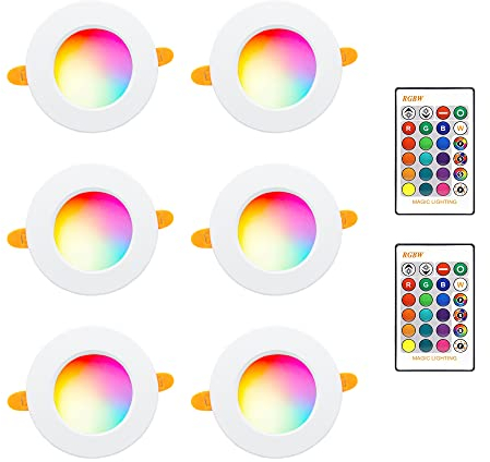 FWoche LED Einbaustrahler RGB 10W LED Deckenleuchte Warmweiß Deckenstrahler Einbauleuchte Rund Deckenspots Deckeneinbaustrahler mit 2 IR Fernbedienung für Wohnzimmer,Schlafzimmer (6er-Pack)