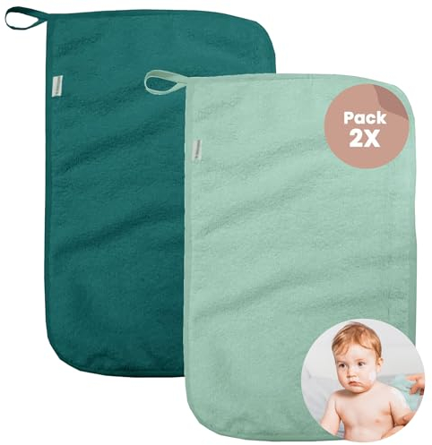 MIMUSELINA Set 2 Asciugamani Asilo Bambino in Cotone di Spugna Assorbente - Riutilizzabili 35 x 23 cm con Grammatura di 450 gr (Turchese/Menta)