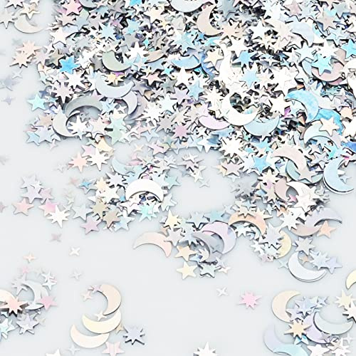 30g Star Confetti - Silver Star and Moon Metallic Glitter Foil Sprinkles, Sequins for Birthday, Wedding, Party, Halloween, Christmas DIY Decoration