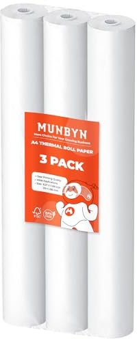 MUNBYN Papel Térmico A4, Rollo Compatible Con Impresora Portátil ITP04 ITP01 y Otras, Para Viajes, Hogar, Oficina, 210 x 297 mm, 3 Rollos