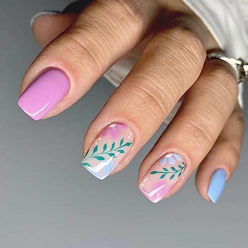 Ceboic Short Square False Nails, 24Pcs French Tips Blue Pink Press-On, Glossy Fake Reusable With Cute Flowers & Leaves Designs, Acrylic Full Cover Stick-On for Women Girls