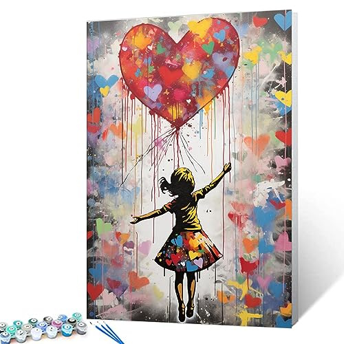 Tucocoo kärlek ballong måla efter nummer för vuxna, gör-det-själv digital oljemålning kit på duk med borstar och akrylpigment, Banksy Little Girl Street konstverk för heminredning 40 x 50 cm (utan