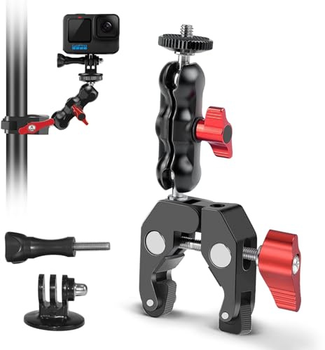 Action kamerahållare motorcykel cykelhållare, kamerahållare klämma med 360° kulhuvudarm, Super Clamp med Magic Arm med 1/4 tum och 3/8 tum gänga för GoPro Hero, Insta360, bildskärm, blixtljus