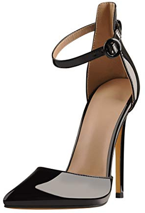 Blingqueen, scarpe da donna con tacco alto a punta con cinturino, in finitura lucida, nere, 40 EU