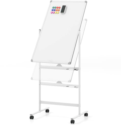 COSTWAY Doppelseitiges mobiles Whiteboard, 60 x 100 cm, höhenverstellbares magnetisches Whiteboard mit Rollen, Ständer und Stiftablage, inkl. Zubehör für Schule, Büro, Zuhause (Weiß)