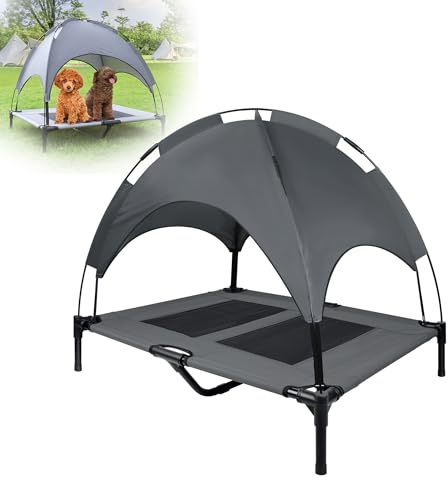 XMTECH Haustierbett mit Baldachin, Erhöhtes Hundebett, Hundeliege mit Eisenrahmen, Hundeliegeplatz aus Stoff, Atmungsaktiv,Katzenliege Katzenbett,für Indoor & Outdoor - 92 x 76 x 92 cm