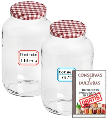 2 Tarros de Cristal de 4 litros con Tapas de Metal + Ebook de recetas - Frascos grandes de 4000 ml para Conservas, Encurtidos, Alimentos Caseros - Botes de 4 litros - Incluye Etiquetas (2)