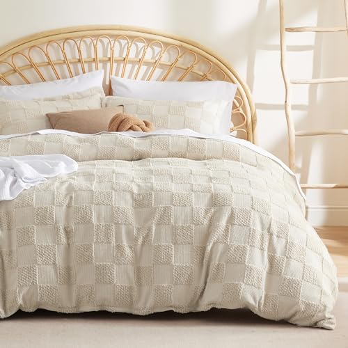 Bedsure Boho Kids Duvet Cover Queen Size（Duvet Insert/Comforter not Included - Checkered Duvet Cover Queenfor All Seasons,Soft Distressed Vintage Boho Bedding (Beige, 90 x 90)