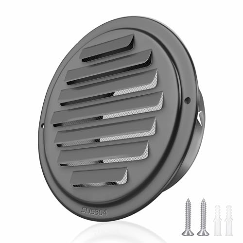 6inch 304 Stainless Steel Air Vents, Louvered Grille Cover Vent Hood Flat Ducting Ventilation Air Vent Wall Air Outlet with Fly Screen Mesh for House (6 inch Black Paint Cover （150mm）)