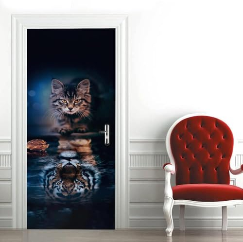 3D-Tür-Wandbilder Tier Katze Reflexion Tiger Selbstklebende Türsticker Türposter Türtapete Türkunst Türwandaufkleber Türfotos 85 X 215 Cm Für Wohnzimmer Schlafzimmer Badezimmer Küche Türdek -8S7F+F3H3