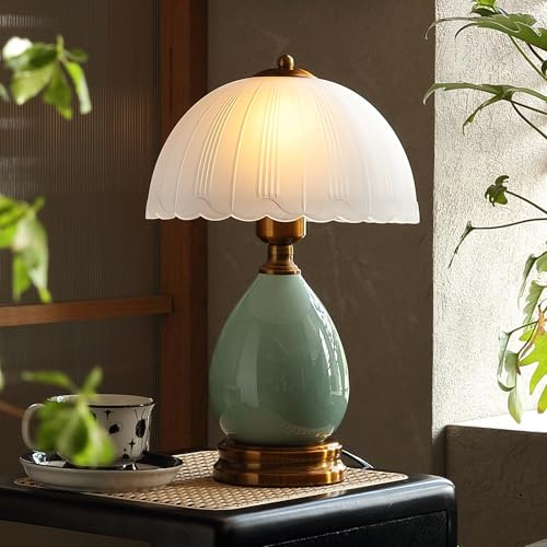 Glivpny Vintage Lamp for Living Room,16 Modern Ceramic Table Lamps for Bedroom,Retro Bedside Nightstand Traditional Lamps, Classic Chinoiserie Green Lamp for Home Decor (LD001)