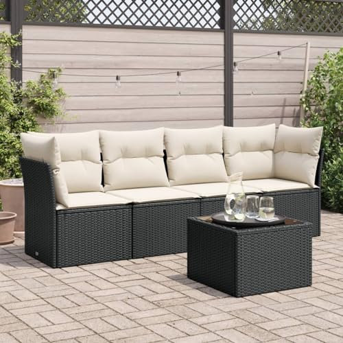 Homgoday Gartensofa-Set 5-teilig mit Kissen aus schwarzem Polyrattan, für den Außenbereich, Gartenmöbel-Set, Loungeset für den Garten, Outdoor-Sofas Type3217236