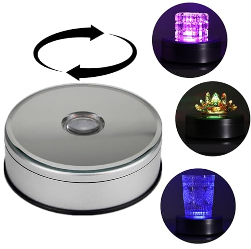 Onepec Rotating LED Base with 7 Lights 9 Modes,rotation Lighted Bases,Light Base for Glass Art, Nice Crystal Collection Party Decor Display Platform(Silver)