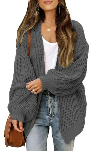 JFAN Cardigan Donna Manica Lunga Lavorato a Maglia Leggero Sciolto Aperto Maglione Giacca Calda con Tasche Pullover Aperto Casual per Autunno Inverno Grigio Scuro XL
