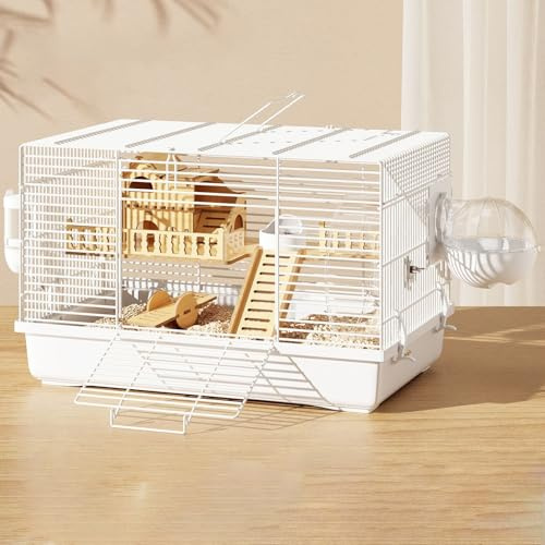 Hamsterbur i Tråd, Stor med Bärbart Handtag, Liten Djurbur med Vattenflaska, Matskål, Träningshjul, Gerbils Fristad med Externt Badrum, Lätt Att Städa(White)