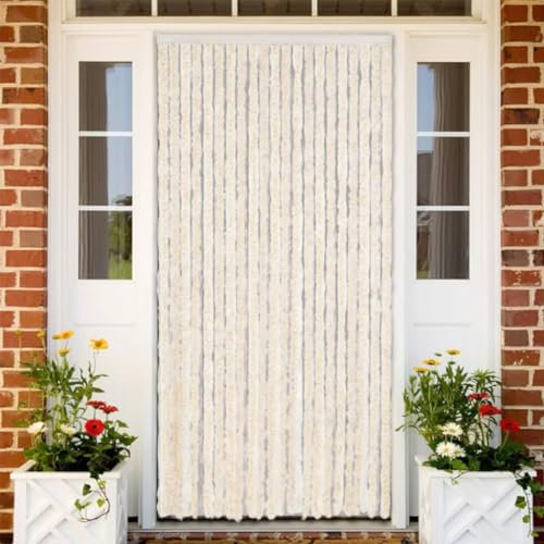 qohoio Fly Curtain Beige and White 100x220 cm Chenille,Curtains Door Fly Screen Curtain For Doorways Window Decorations Room Divider