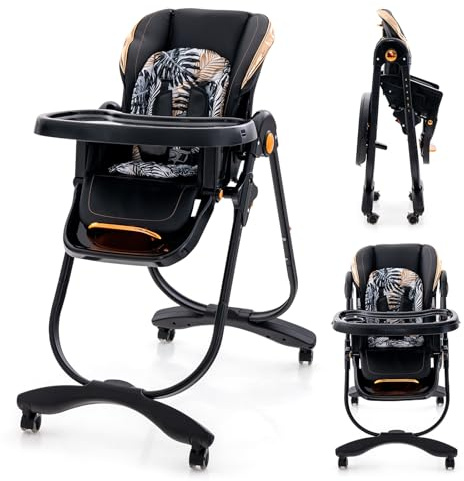 HONEY JOY Baby High Chair, Foldable High Chairs for Babies and Toddlers, Adjustable Heights, Recline Backrest & Footrest, Double-Layer Tray & Cushion, Portable Infant Highchair with Wheels (Black)
