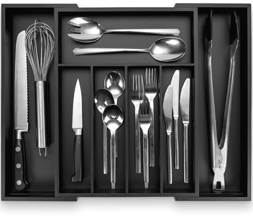 budu Cutlery Tray #38 (Depth 38 cm) Made of Bamboo - Black - Drawer Organiser System for the Kitchen - Cutlery Tray for Bamboo Drawers - Extendable - Kitchen Drawer Organiser