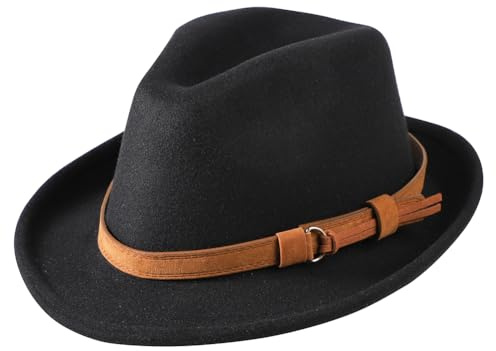 ITODA Dam ullfilt Fedora hatt klassisk vintage plommonhatt vinter Trilby Fedora Trilby hatt elegant panamahatt kort brätte jazzmössa gangsterhatt, Svart, M