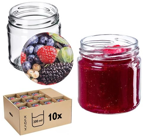 KADAX Lot de 10 bocaux 200 ml avec couvercles à vis Ø 66 mm – bocaux à dessert à parois épaisses, hermétiques, lavables au lave-vaisselle, idéaux pour les confitures et conserves