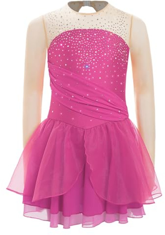 Agoky Mädchen Langarm Eiskunstlauf Kleid Glitzer Tanzkleid Mesh Spleiß Leotard mit Tutu Rock und Slip Dancewear