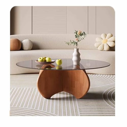 YPIOUREN Moderner runder Couchtisch mit Massivholzbeinen, Beistelltisch mit Holzbeinen, Tisch im modernen Stil, Glastisch mit Massivholzbeinen, for Wohnzimmer, Esszimmer(Walnut,70*35cm/27.5*13.7in)