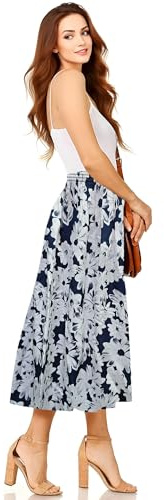 Women's Floral A-Line Midi Skirt Pull-On Style with Elasticated Waist (M-L NVY White Floral)