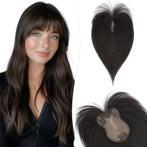 Silk-co 11 Pouces Volumateur Capillaire Femme Naturel Avec Frange Pour Chevelure Clairsemée cheveux humain 8 * 11cm-21g Toupet Femme Densité 150% Base en Soie, #1B Noir Naturel